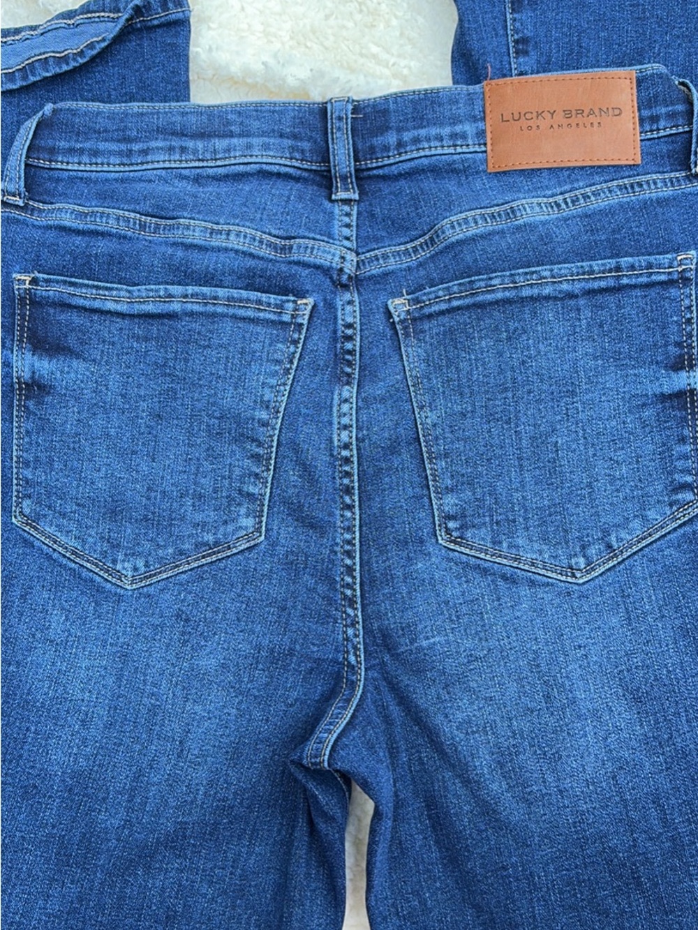 Lucky Brand Blue Flare Jeans with Brown Leather Patch